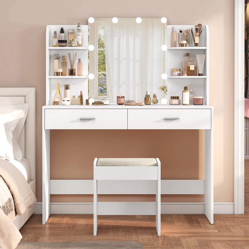 Engelsman Vanity Set with 10 LED Light Bulbs Christmas Gifts, with 2 Drawers, 6 Storage Shelves & Cushioned Stool, White