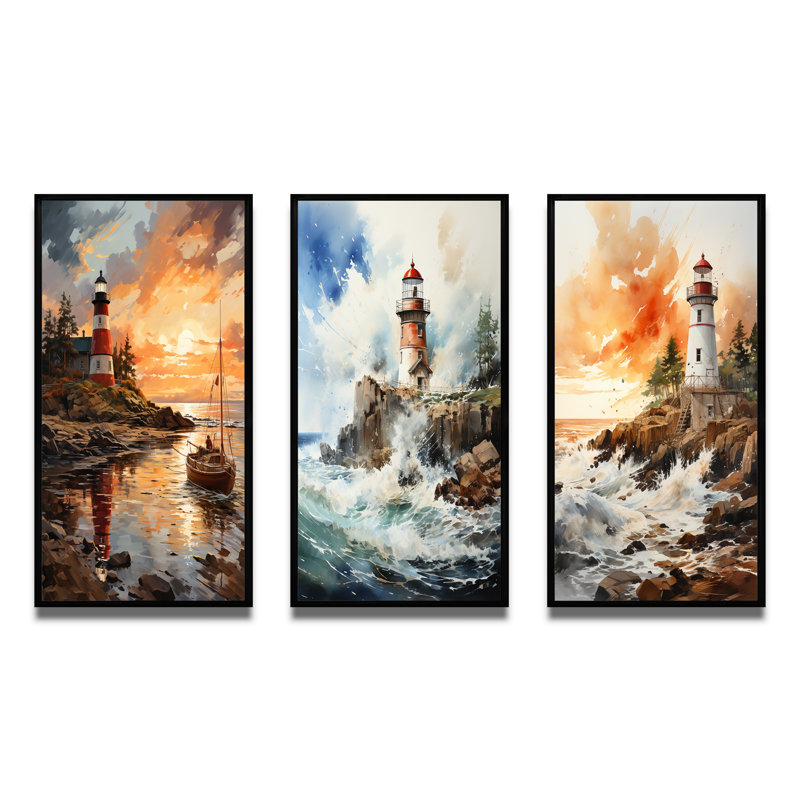 "Phares par la falaise", 3 pièces sur toile, Cadre flottant noir, H 28 po x l 36 po