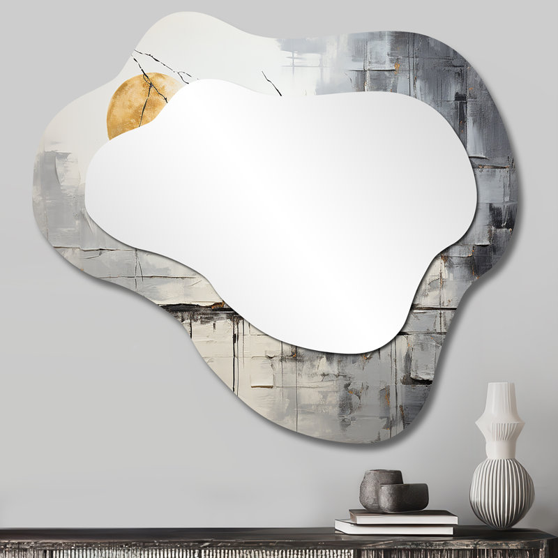 Ulphia Grey and white stone river I - Abstract Asymmetrical Decorative Wall Mirror, Modern Cloud Mirror, Printed Metal Art