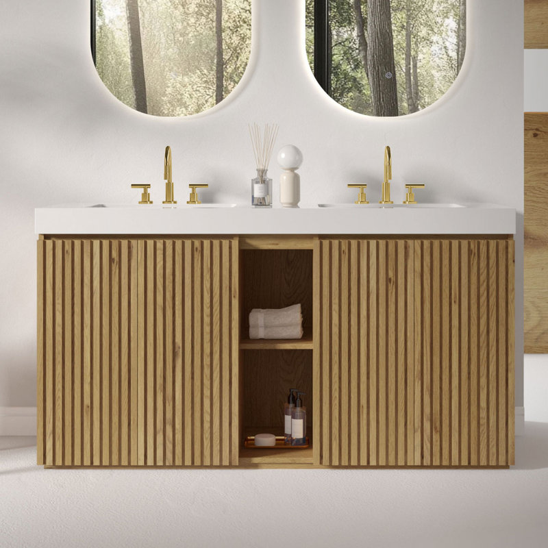 Meuble-lavabo double 60 po avec lavabo 60 po et trois trous pré-percés pour robinet espacé 8 po, Glossy White/Light Oak