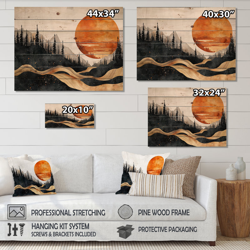 Lever de soleil forêt dans un paysage de marbres I - décoration murale bois de forêt - sur bois de pin naturel