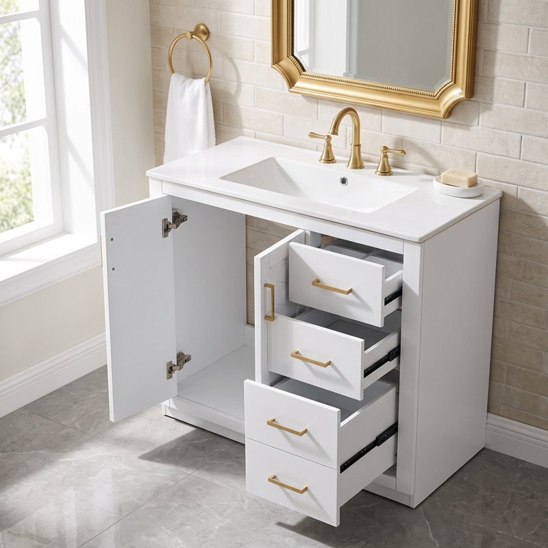 Ensemble de meuble-lavabo en bois massif 36 po + panneau de fibres à densité moyenne avec lavabo en céramique avec 3 tiroirs et portes à fermeture douce