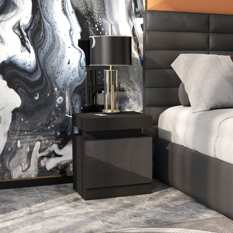 HOMCOM High Gloss Front Bedside Table APP Control RGB LED Black
