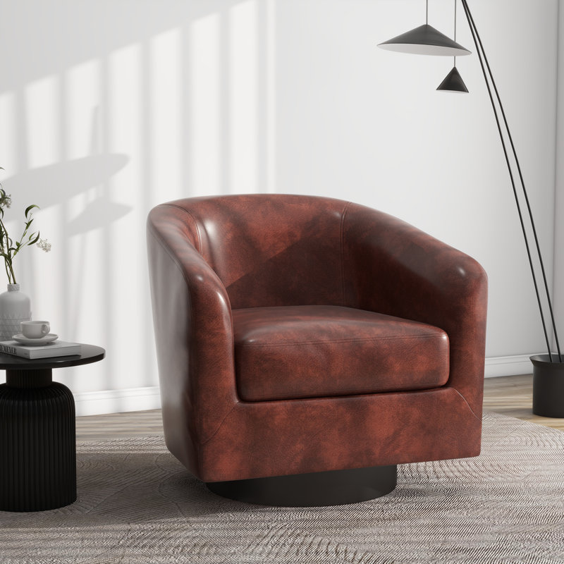 Applewold Upholstered Red Brown Faux Leather Swivel Barrel Chair with Solid Wood Base, Red Brown Heathe Faux Leather