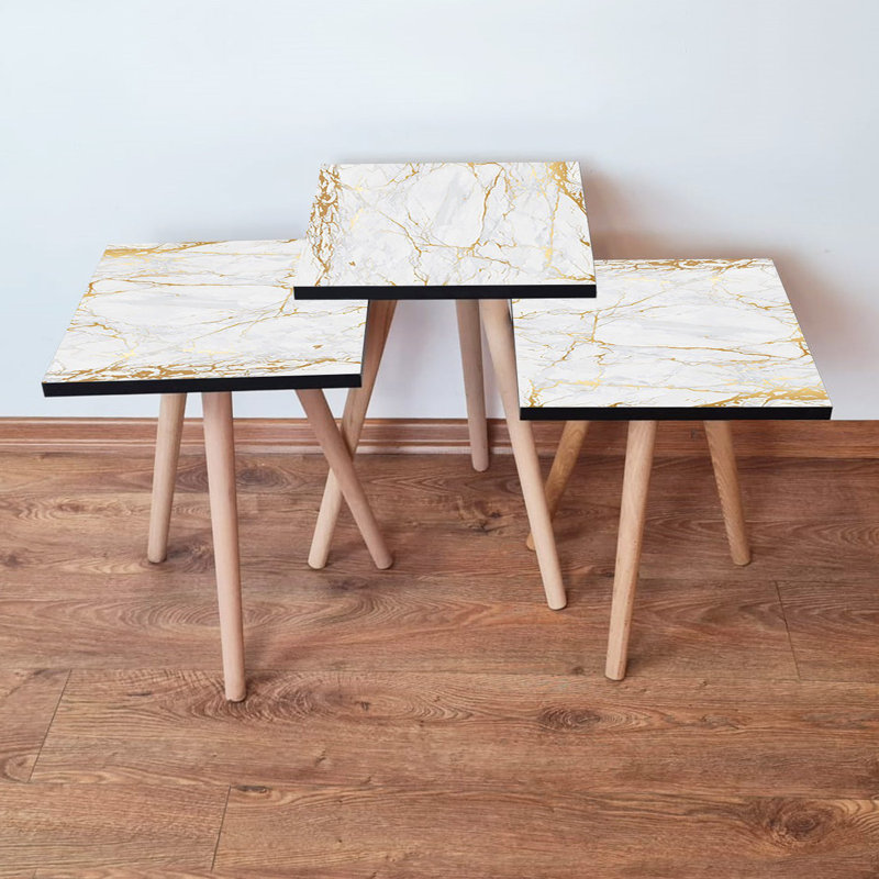 Ensemble de tables gigognes modernes (3 pièces), marbre blanc et doré, pieds en bois de hêtre, grande table: 13,8 po x 20,5 po x 13,8 po, table moyenne: 13,8 po x 18,5 po x 13,8 po, plus petite table: 13,8 po x 16,5 po x 13,8 po | 100% panneau de fibres à densité moyenne, décoration élégante et fonctionnelle pour la maison et le bureau