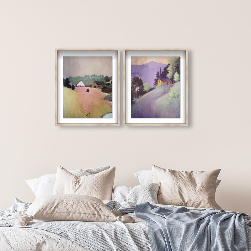 Hill Town Set Shadowbox Landscape & Nature Print by Oliver Gal, Black Frame, 16 x 20, 25.5"H x 31.5"W, Natural Oak Shadowbox