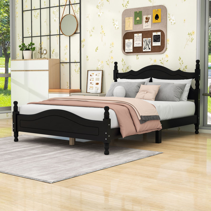 Lit plateforme en bois avec tête de lit et lattes robustes, design rétro, Noir, Double