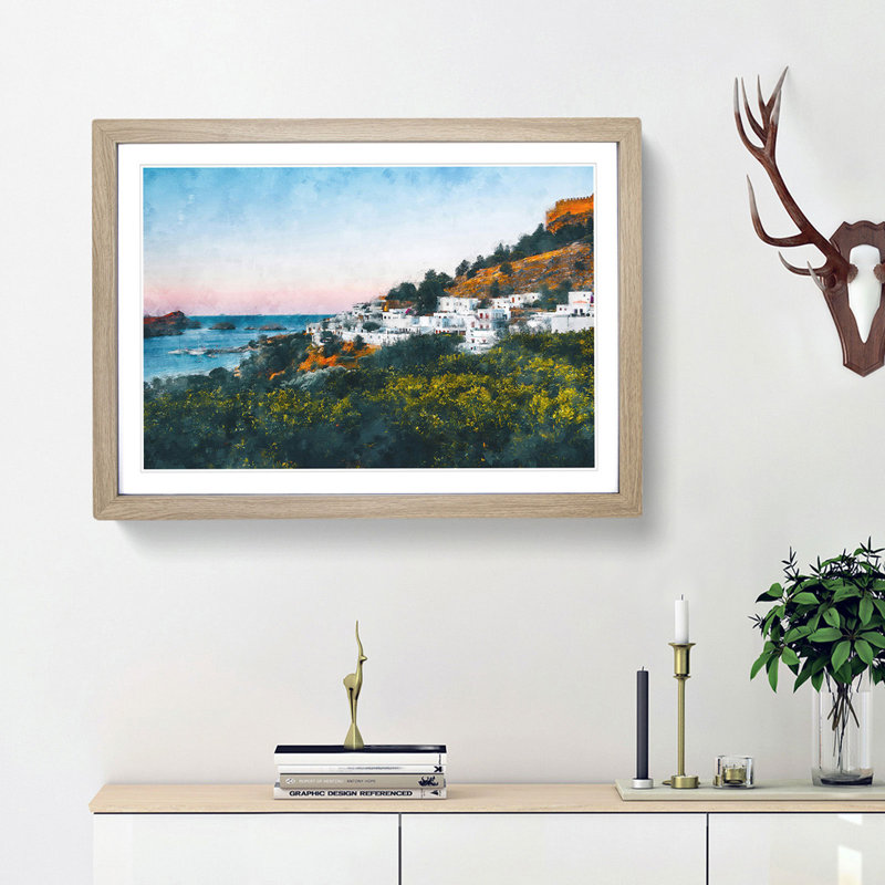 The Island of Rhodes in Greece - Picture Frame Painting Print, Oak Framed, 24cm H x 33cm W x 2cm D