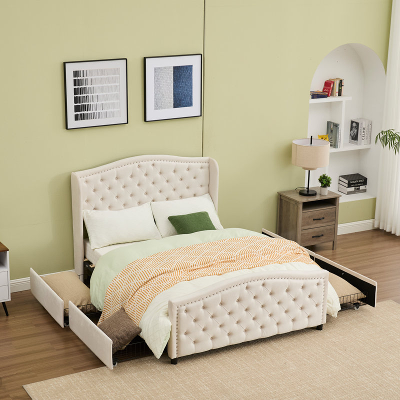 Lit de rangement capitonné avec tiroirs Kassaia , Double, Beige