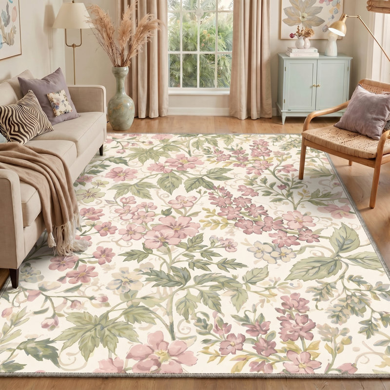  Aura Floral Machine Washable Pink/Beige/Green Indoor Area Rug With Non-Slip Backing, Rectangle 8' x 10', Ash Rose/Green