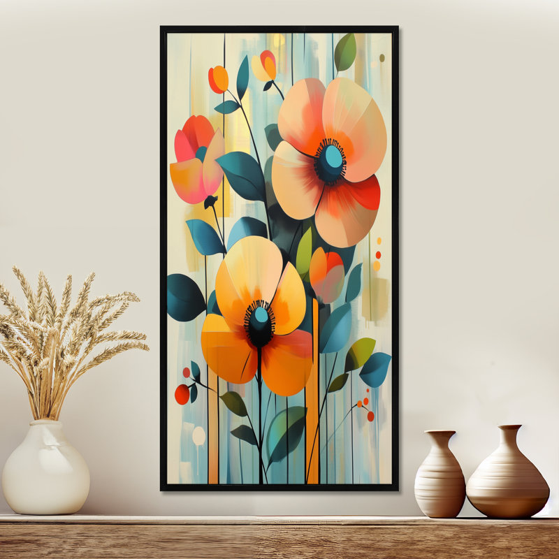 Panneau de papier peint orange et bleu rétro - coquelicots, art mural encadré floral, H 32 po x l 16 po, Cadre flottant noir