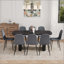 Table de salle à manger spacieuse en bois aggloméré avec 8 chaises en tissu technique, idéales pour un décor moderne et luxueux.-796815164-796815137