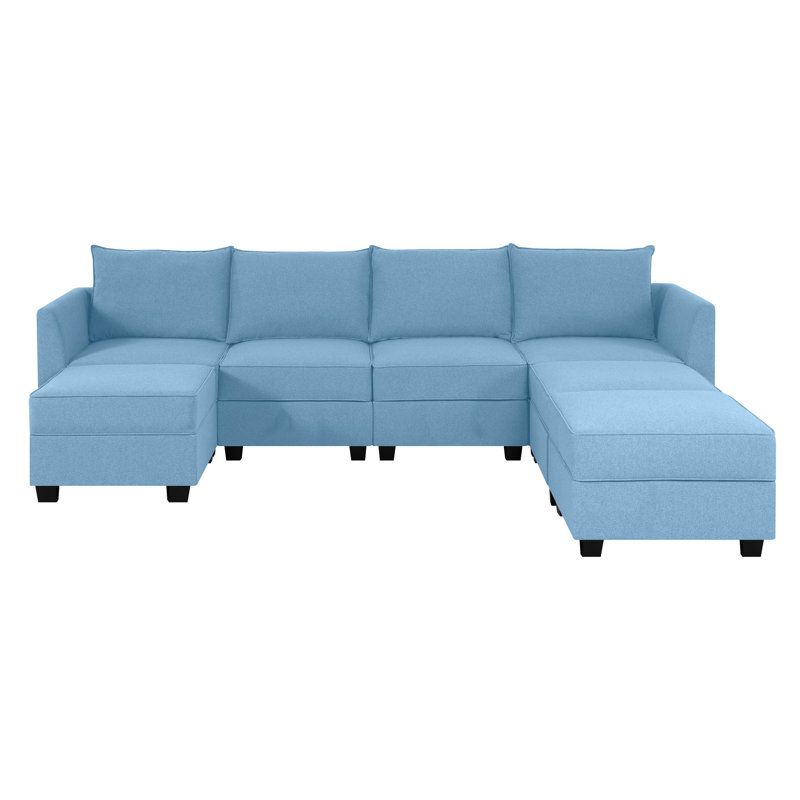 Dontre Convertible 4 Seater U-Shaped Modular Linen Sofa Sectional with 3 Ottoman for Living Room, Robin Egg Blue