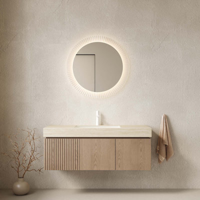 Ensemble de meuble-lavabo et lavabo 48 po, armoire de rangement flottante en contreplaqué avec tiroir et portes, comptoir en pierre frittée Roma Travertine et lavabo en céramique avec 1 trou de robinet pré-percé, pré-assemblé