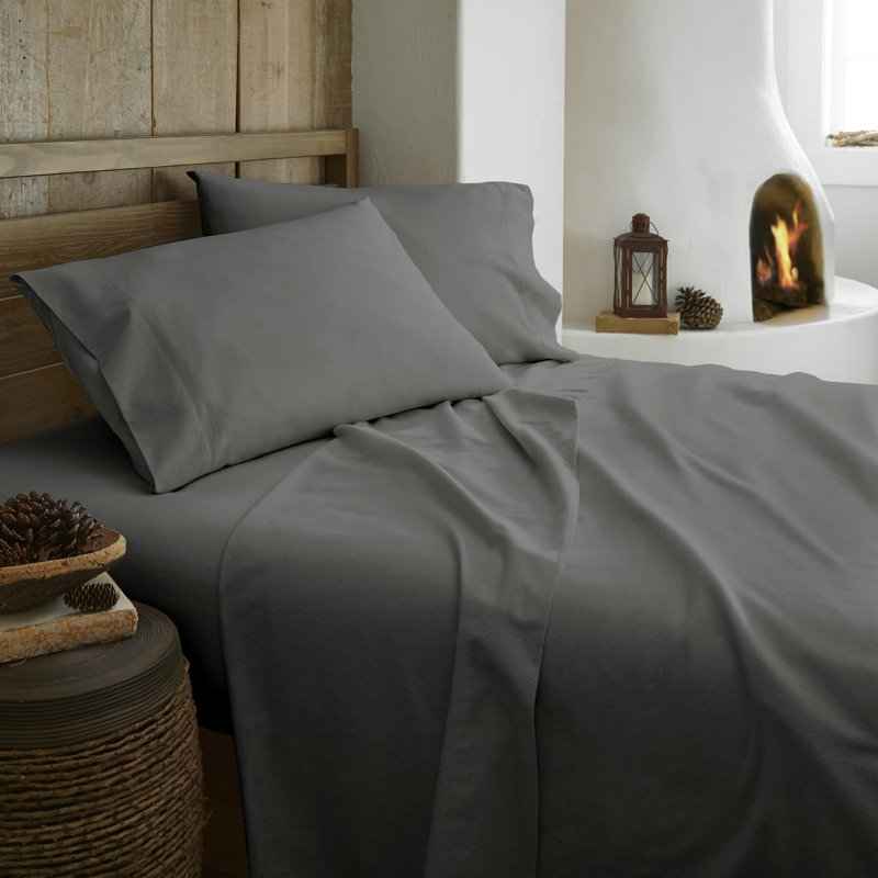 Ensemble de draps en flanelle 100% biologique pour lit simple TG - Ensemble de draps en flanelle 100% coton certifié GOTS avec une finition douce brossée confortable et une poche profonde - 1 drap plat, 1 housse ajustée et 1 taie d'oreiller (gris foncé, simple TG)