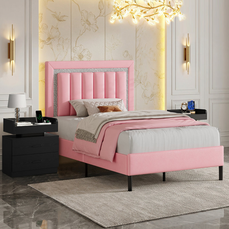 Ensemble de lit plateforme tapissier Diamond, Simple, Rose