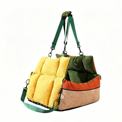 4-Season Universal Elevated Pet Car Seat Bed, Color Block Soft Plush Dog & Cat Travel Booster Bed with Adjustable Safety Hanging Straps, Detachable Washable Portable Pet Carrier Nest for Small Medium Pets