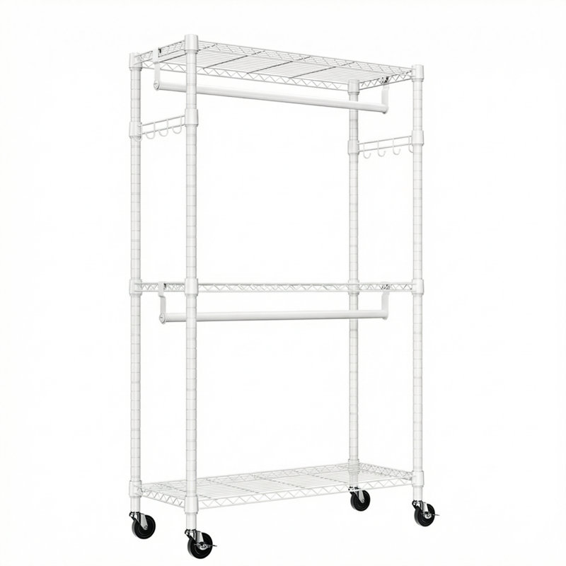 Portant à vêtements robuste à 3 niveaux avec tringles de suspension doubles et crochets latéraux - Organisateur de vêtements réglable en métal avec roues verrouillables, P 15,7 po x l 29,5 po x H 74,5 po, blanc