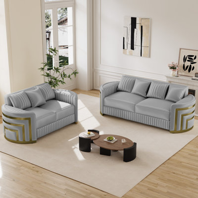 2-Piece Modern Sofa Set with Golden Metal Accent Arms and Back