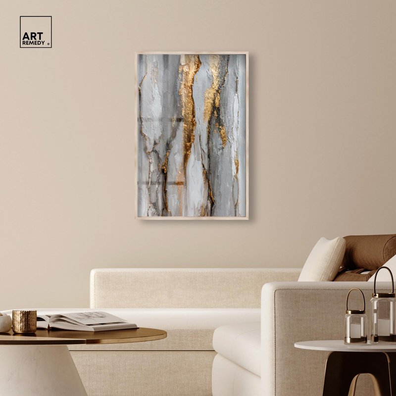 Art mural abstrait Golden Fissure Shadowbox par Art Remedy, cadre blond, 31 x 46, H 46 po x l 31 po, Cadre blond