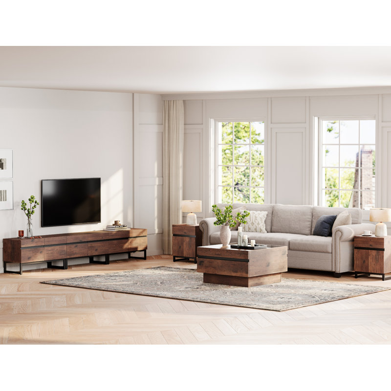 Latitude Run® Living Room Table Sets Of 4, 106 Inch TV Stand, 1 Square Coffee Table With Tempered Glass Top, 2 End Table With Drawers For Living Room, Entertainment Centre, Console Table