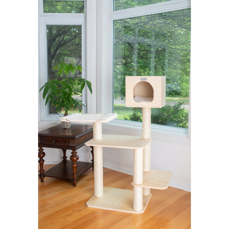 Natural Pine Freestanding Outdoor Cat House with Sisal Posts