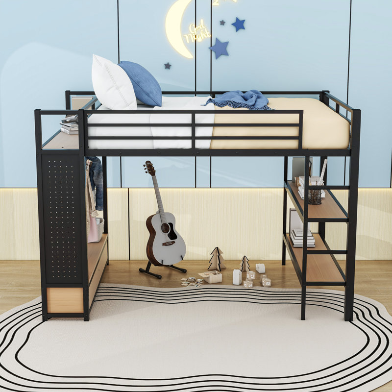Lit mezzanine en métal avec tiroirs de rangement, armoire ouverte et tablette, Grand lit