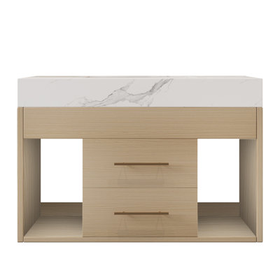 Meuble-lavabo moderne peu encombrant avec plateau en pierre frittée et rangement pour les petites salles de bain