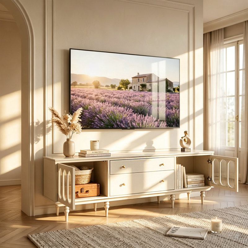 78.74" French Country TV Stand for 75-85 Inch TVs, Cream White TV Console with Arched Fluted Glass Doors & Storage Drawers, Modern Farmhouse Media Cabinet for Living Room