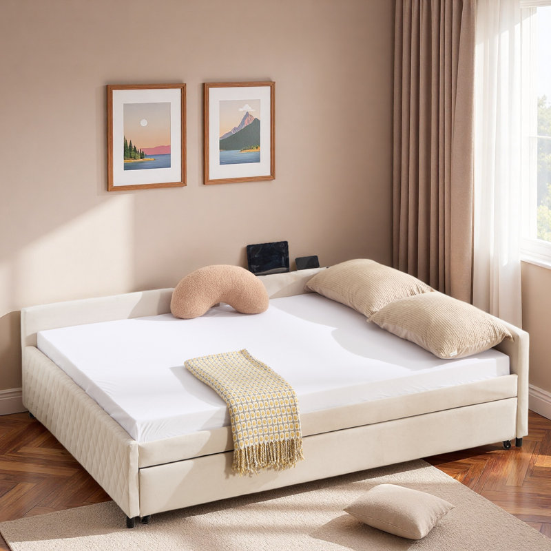 Upholstered Daybed With Trundle And Usb, Beige