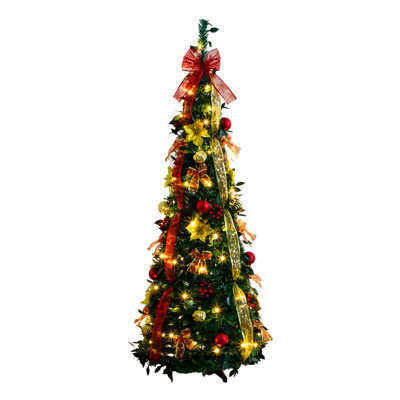 5Ft. Pre-Lit Artificial Pop Up Christmas Tree With Red & Gold Ornaments, Ribbons And 100 Warm White LED Lights
