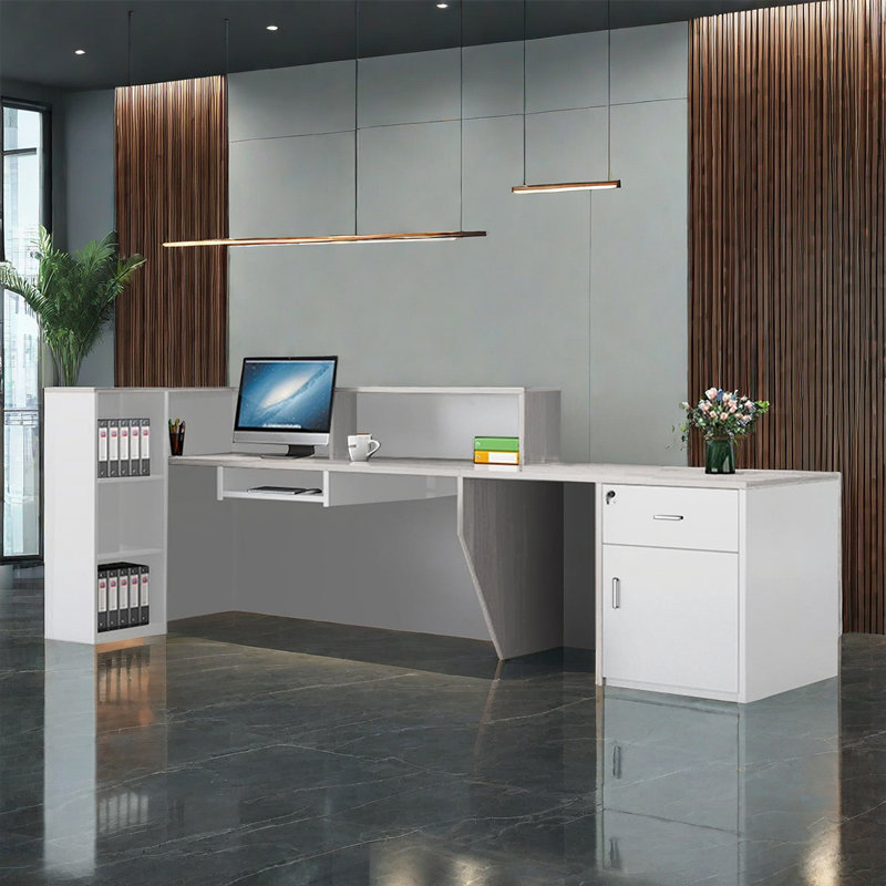 L-Shaped Reception Desk with Lockable Drawers, Computer Desk, and Storage Shelves/Front Desk, 41.33" H x 94.5" W x 39.37" D