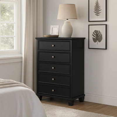 Commode haute Lemo, 5 tiroirs, poignée ronde en nickel, bois massif noir