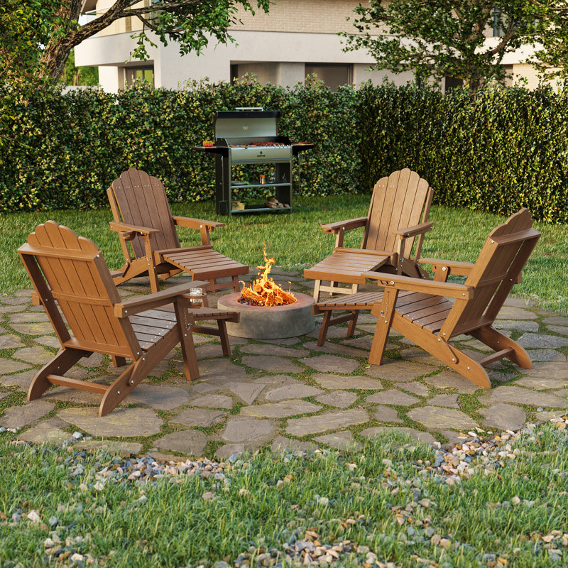 Folding Adirondack Chair with Retractable Ottoman and Cup Holder, Outdoor HDPE Lounge Chair, Teak