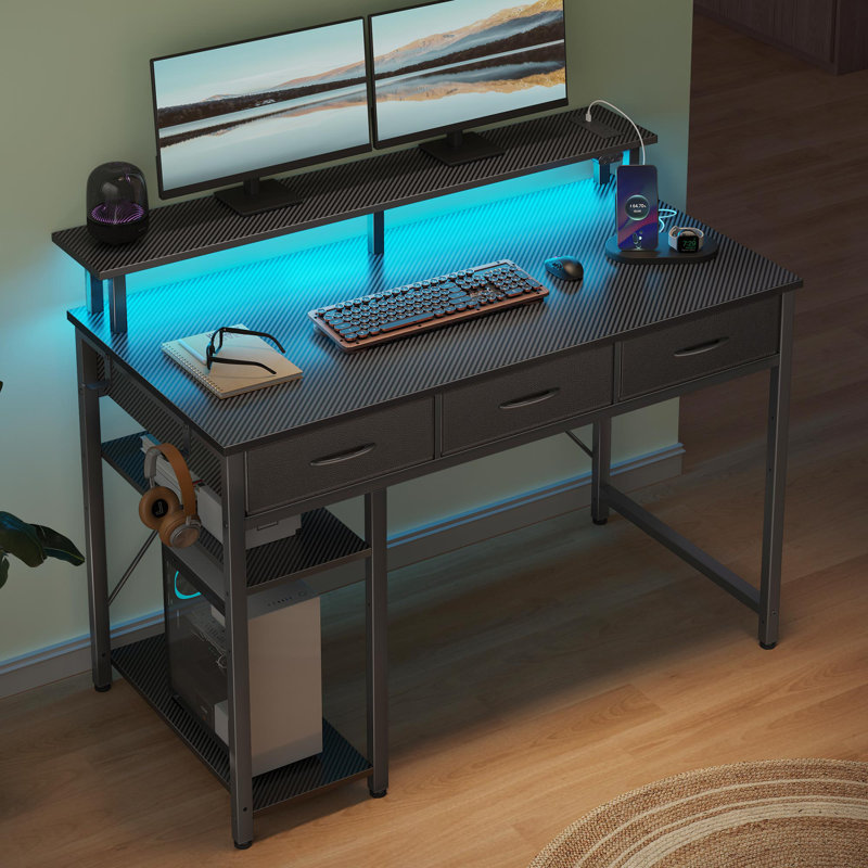 Gaming Desk with LED Lights & Power Outlets, Computer Desk with Monitor Stand & Drawers, Left, Black