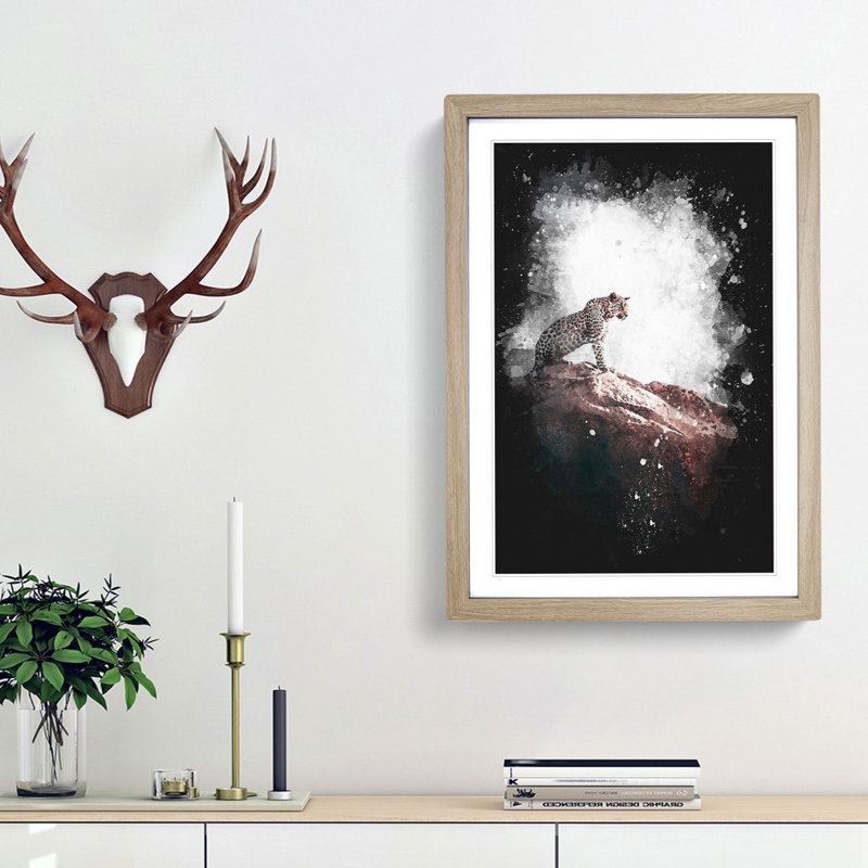 Leopard Upon The Rock Paint Splash - Picture Frame Graphic Art, 45cm H x 33cm W x 2cm D, Oak Framed