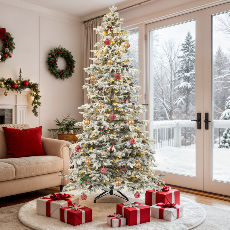 Arbre de Noël blanc 9 pi avec pommes de pin pré-éclairées 9 pi