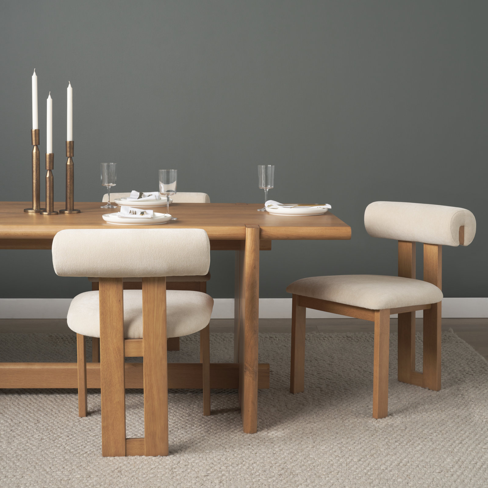 Tribeca Curve Open Back Chenille Dining Chair, Beige, Natural Wood