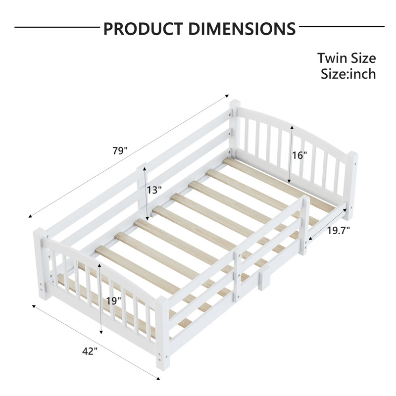 White Twin Montessori Floor Bed, Solid Wood Frame With Safety Guardrails (no Door) & Slat Support, No Box Spring Needed, Easy Assemble For Toddlers/boys/girls