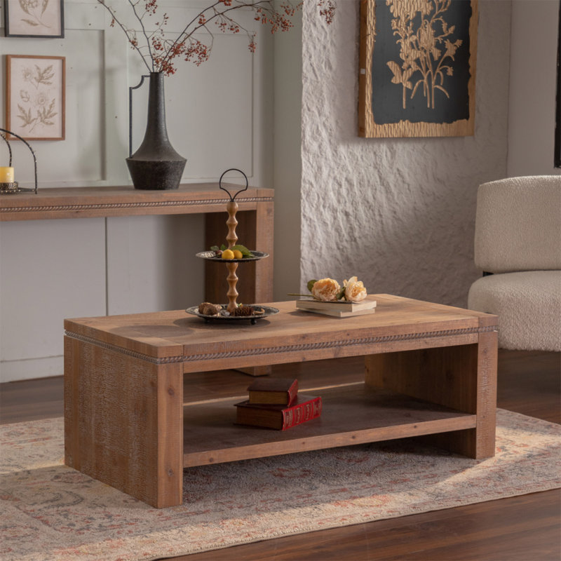 Table basse rectangulaire en bois massif avec bois massif pour le salon, grande table basse rustique à 2 niveaux avec tablette de rangement, bureau et appartement, assemblage facile