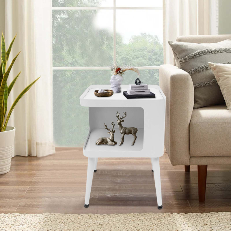 Metal Table With Open Storage For Living Room Bedroom(13.78*13.78*19.68In), White