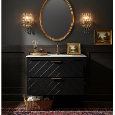 30" Modern Floating Vanity With Integrated Ceramic Sink, Geometric Textured Plywood Cabinet, 2-Drawer Wall-Hung Design (Black)