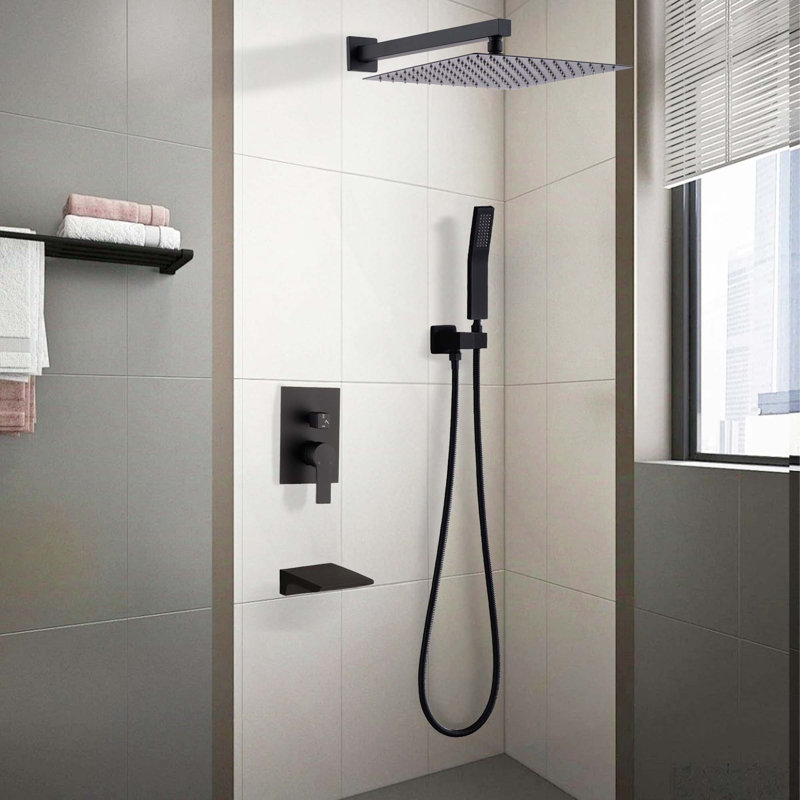 Système de robinet de douche mural moderne noir avec pomme de douche à pluie et ensemble de poignées