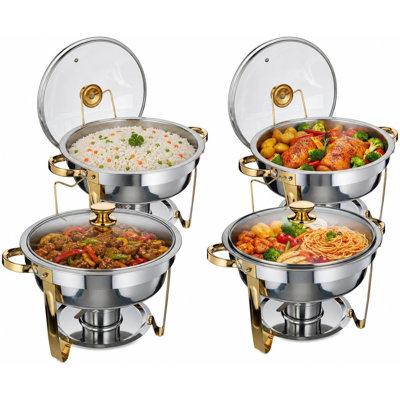 Ensemble de réchaud de qualité supérieure en acier inoxydable - rond 5 pte avec couvercles en verre, résistant à la rouille, facile à nettoyer, comprend des supports à carburant - chauffe-plats idéal pour la restauration, les fêtes et les mariages
