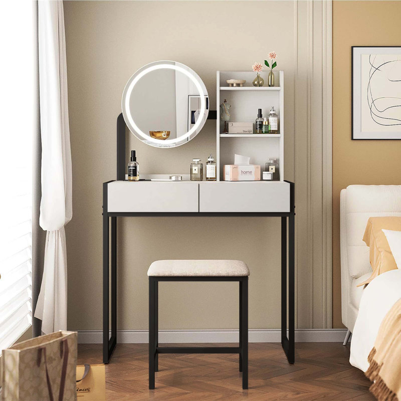 Small LED Lighted Vanity Desk with Mirror, Makeup Table with 3 Lighting Modes, Power Outlet, Drawer, Open Shelves & Cushioned Stool for Bedroom, White & Black