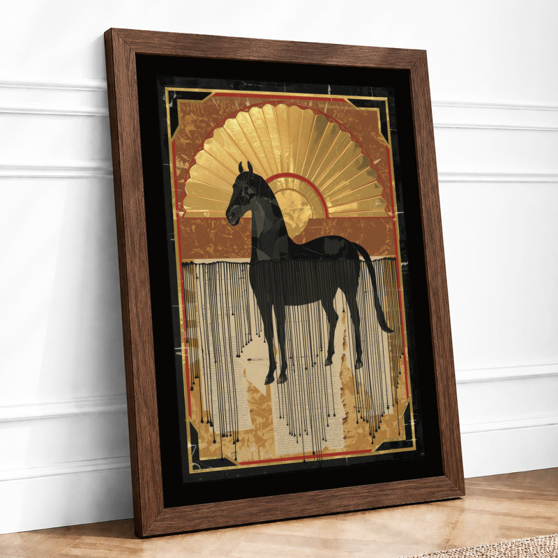 Silhouette Horse in Gold Art Deco - Framed Print, A2 - 59.4 x 42.0 cm, Walnut