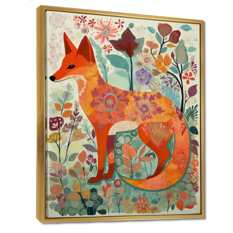Boho renard dans une forêt de fleurs, Toile flottante dorée encadrée, H 32 po x l 16 po
