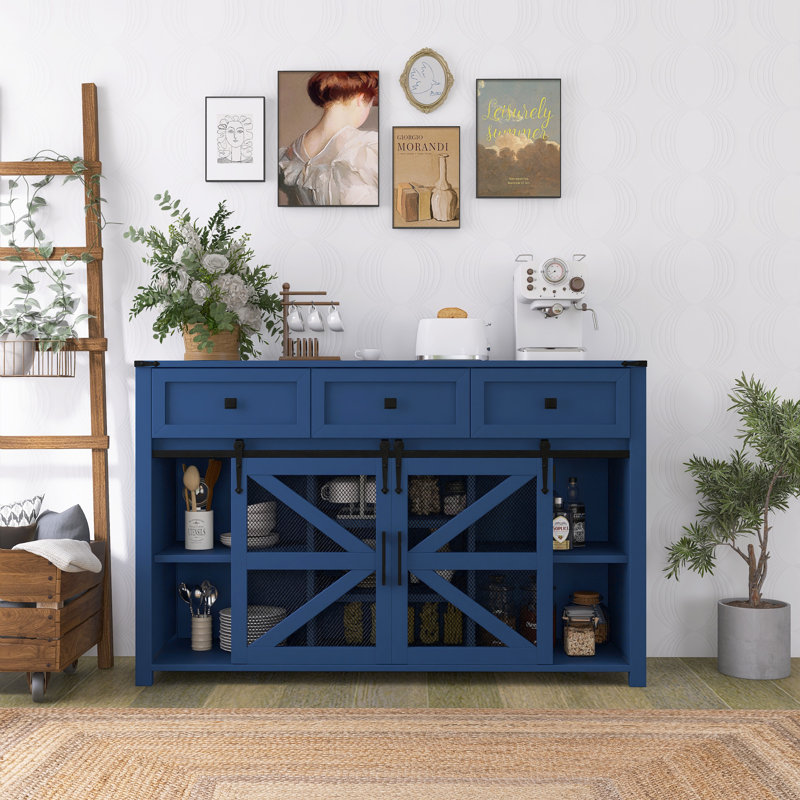 55" Sliding Barn Door Sideboard With 3 Drawers & Adjustable Shelves, Navy Blue