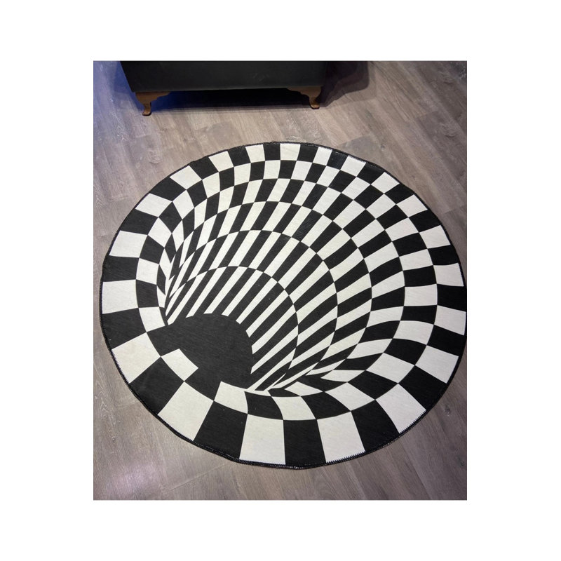 Abstract Pattern Black And White Decorative Non-Slip Base Washable Carpet, Round 2'8"