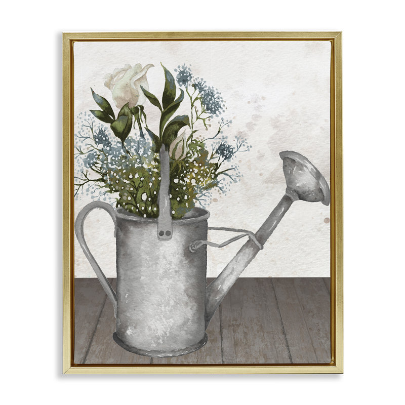 Cadre flottant d'arrosoir floral, par Elizabeth Medley, Cadre flottant métallique doré, H 31 po x l 25 po
